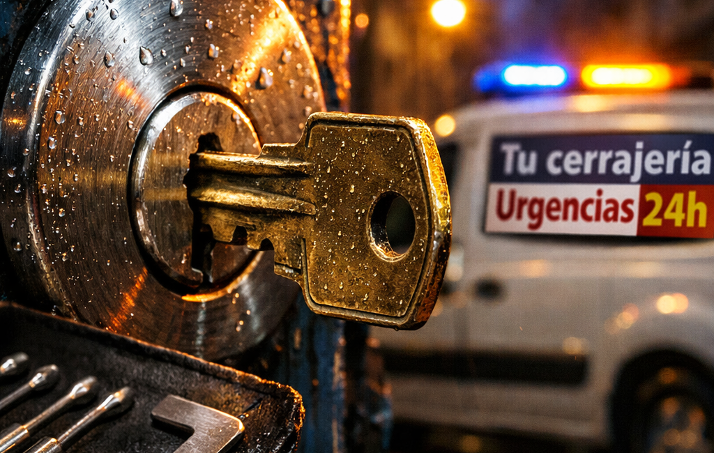 Cerca de una cerradura, una llave de bronce desgastada y un rollo de herramientas en una puerta de Barcelona. Encuentra cerrajero 24 horas en Barcelona para urgencias.
