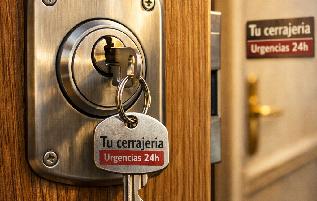 Cuales son las mejores cerraduras para mejorar la seguridad en Barcelona: cerradura nueva y llave en puerta de madera