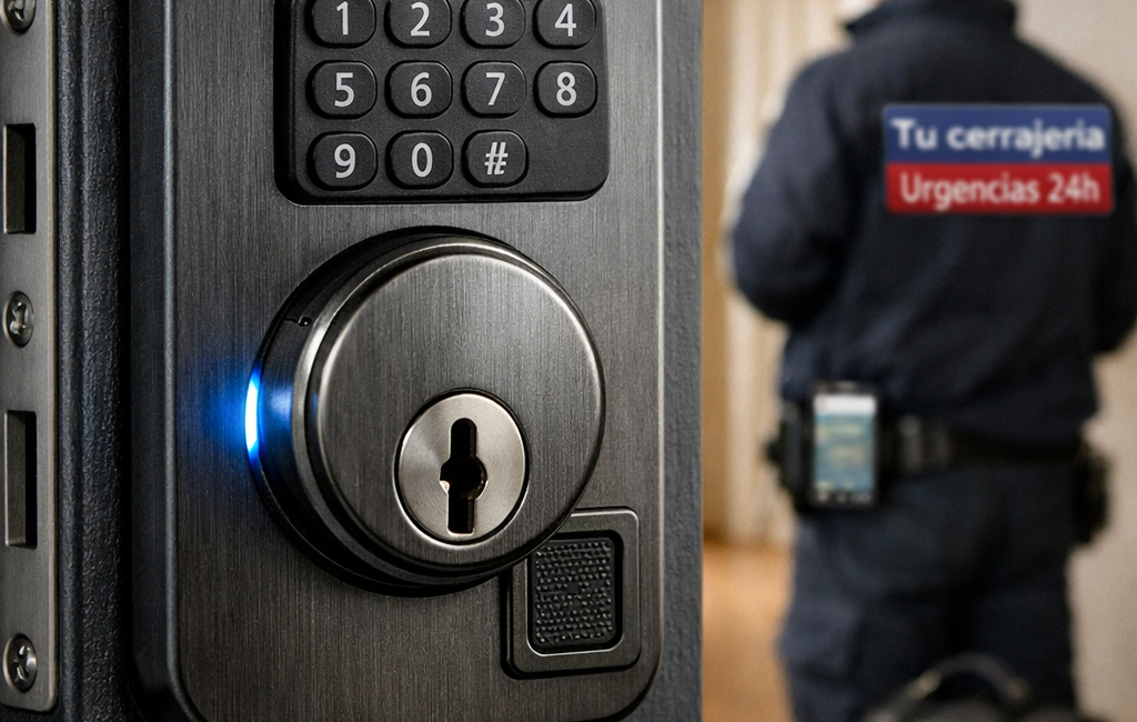Primer plano de cerradura inteligente instalada, con teclado, lector de huella, llave física y luz azul; técnico al fondo. Cuales son las tendencias mas recientes en sistemas de seguridad para puertas