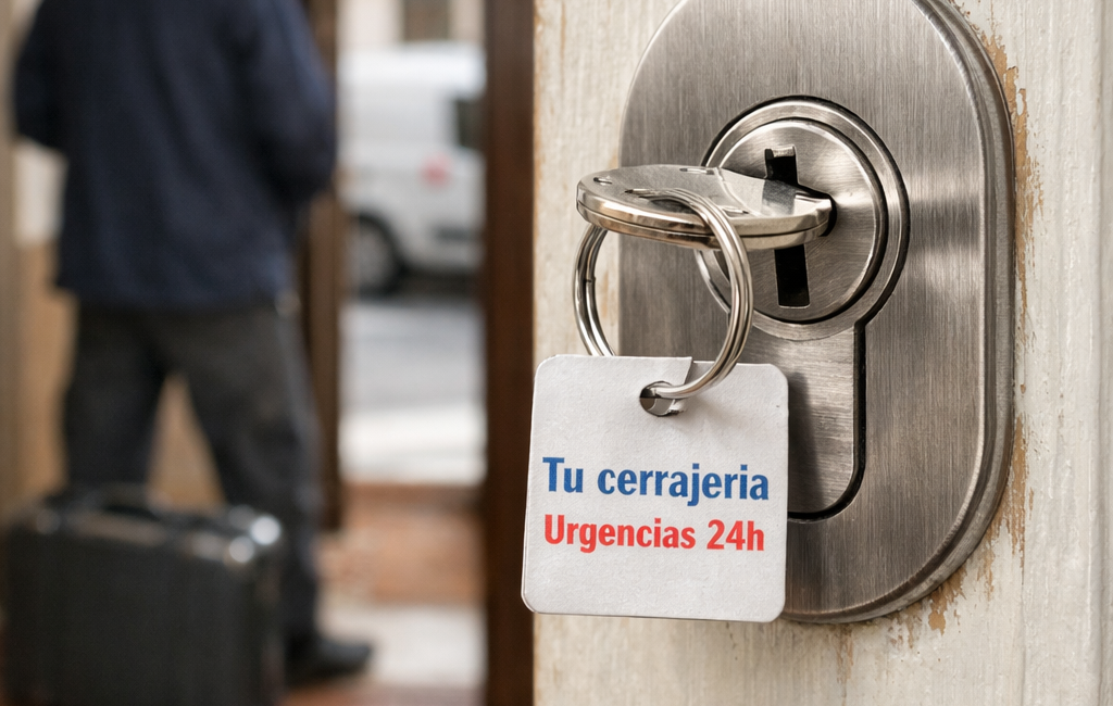 Primer plano de cerradura nueva con llave y tarjeta en puerta barcelonesa; cerrajero al fondo. Donde puedo cambiar las cerraduras mas rapido en Barcelona