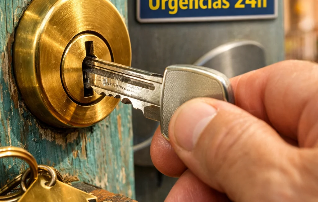 Cilindro de bronce en puerta de madera en Barcelona, con llave a medio insertar; Mejores servicios de cambio de cerraduras en Barcelona.