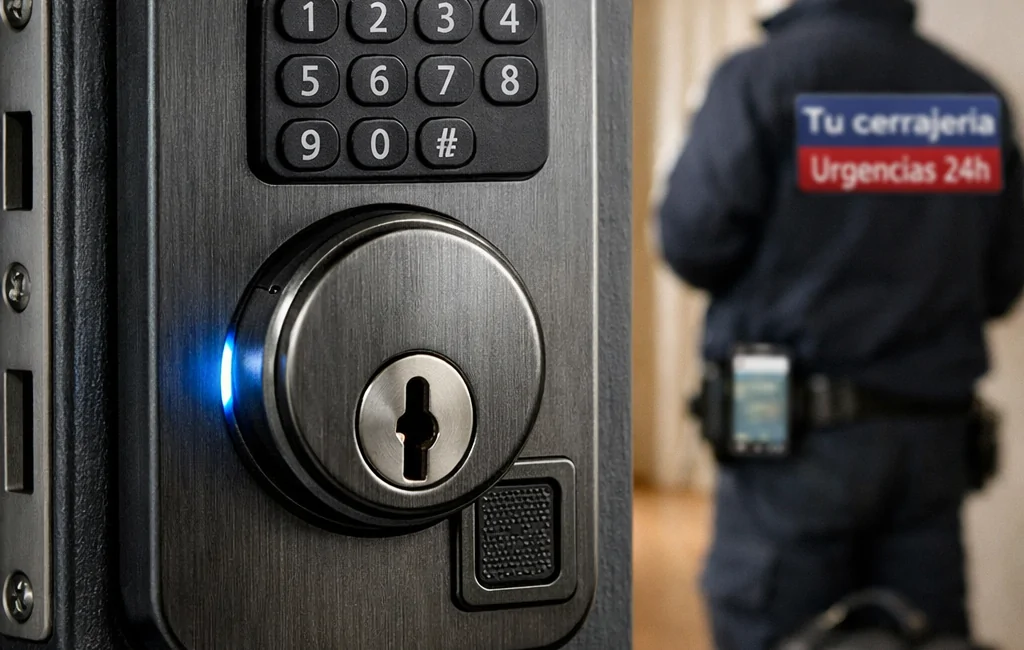 Primer plano de cerradura inteligente instalada, con teclado, lector de huella, llave física y luz azul; técnico al fondo. Cuales son las tendencias mas recientes en sistemas de seguridad para puertas